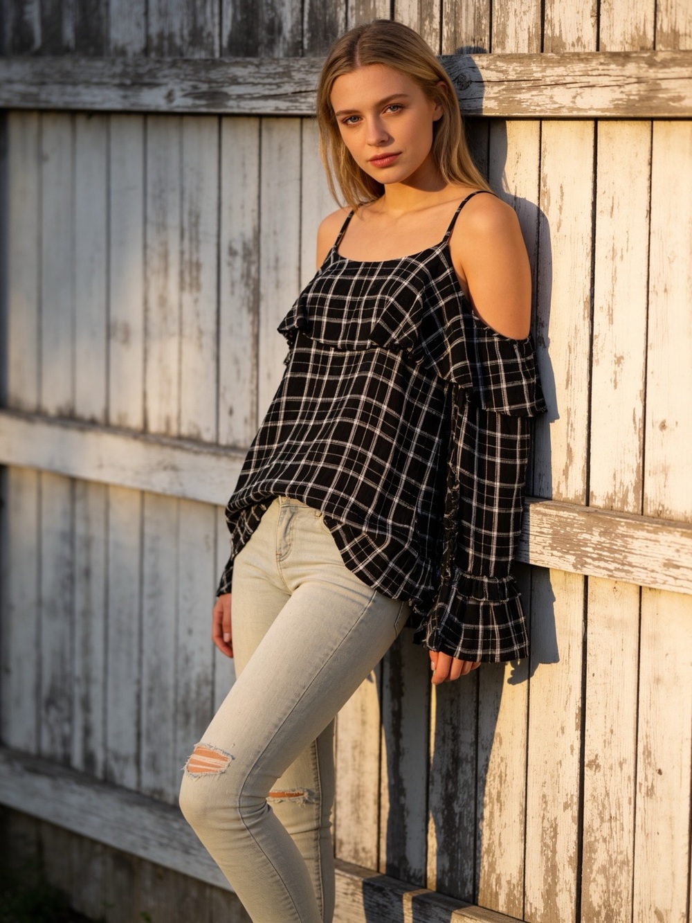 NWT INC Plaid Cold Shoulder Ruffle Sleeve Top Size Small